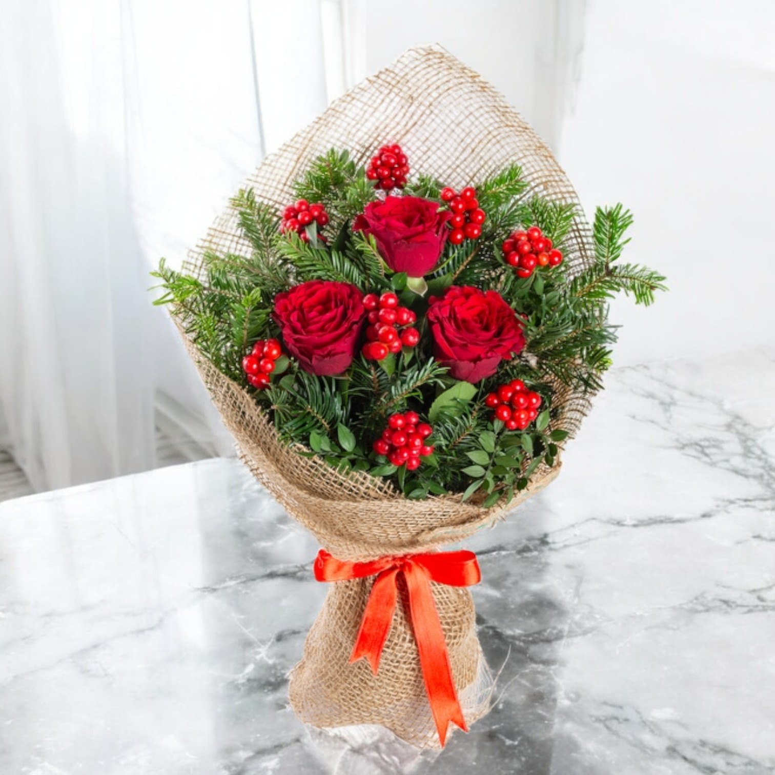 Kırmızı Gül & Kokina Doğal Kış Buketi – Rustic Elegance