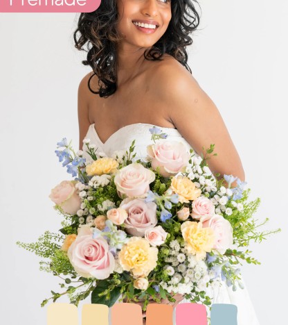 Sweet Wildflower Gelin Buketi – Pastel Pembe ve Sarı Çiçeklerden Zarif Buket